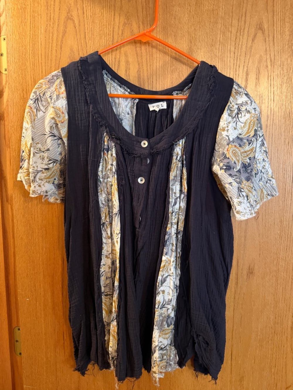 POL Black paisley Blouse with Yellow-Accented Floral Sleeves